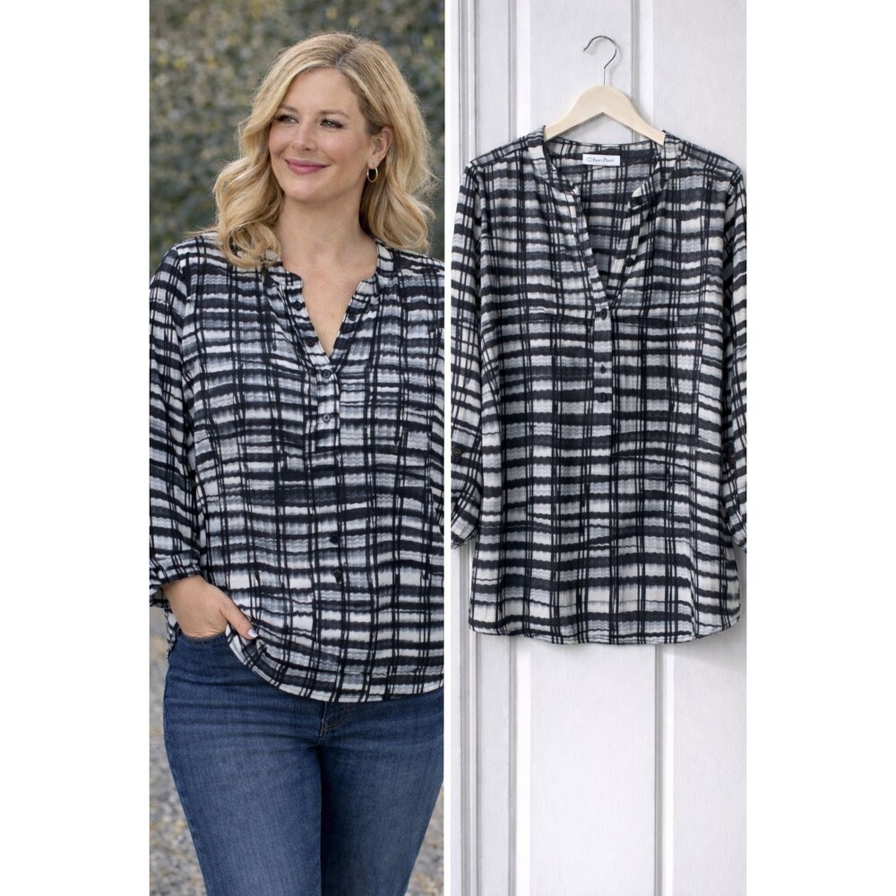 Calvin Klein Blouse Women’s 2X Geometric Print Roll Tab Sleeves Side Slits Top